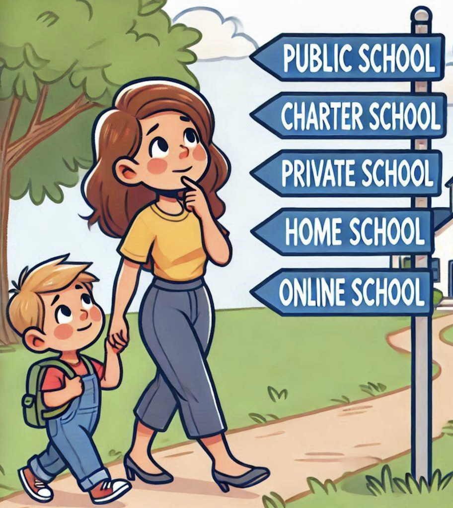 Woman and a child looking at signs labeled with kinds of schools, pertaining to school choice